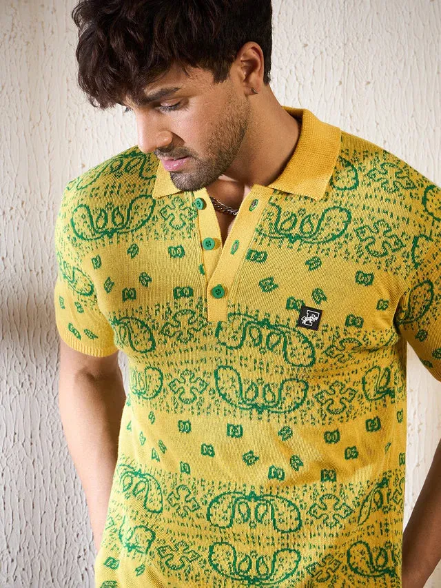 LEMON PAISLEY KNITTED POLO TSHIRT