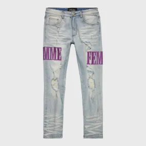 Letterman Denim Blue With Purple Letters