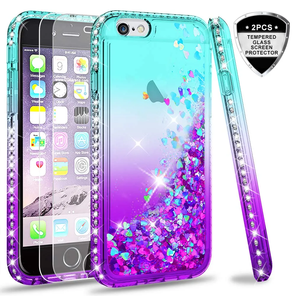 LeYi Case for iPhone 6 iPhone 6S with Tempered Glass Screen Protector [2 pack], 3D Glitter Liquid Cute Personalised Clear Silicone Gel Shockproof