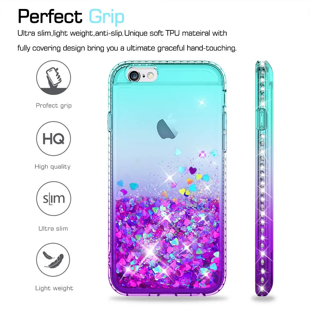 LeYi Case for iPhone 6 iPhone 6S with Tempered Glass Screen Protector [2 pack], 3D Glitter Liquid Cute Personalised Clear Silicone Gel Shockproof