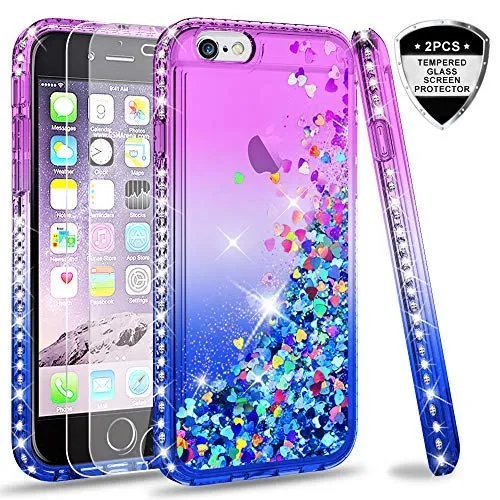 LeYi Case for iPhone 6 iPhone 6S with Tempered Glass Screen Protector [2 pack], 3D Glitter Liquid Cute Personalised Clear Silicone Gel Shockproof