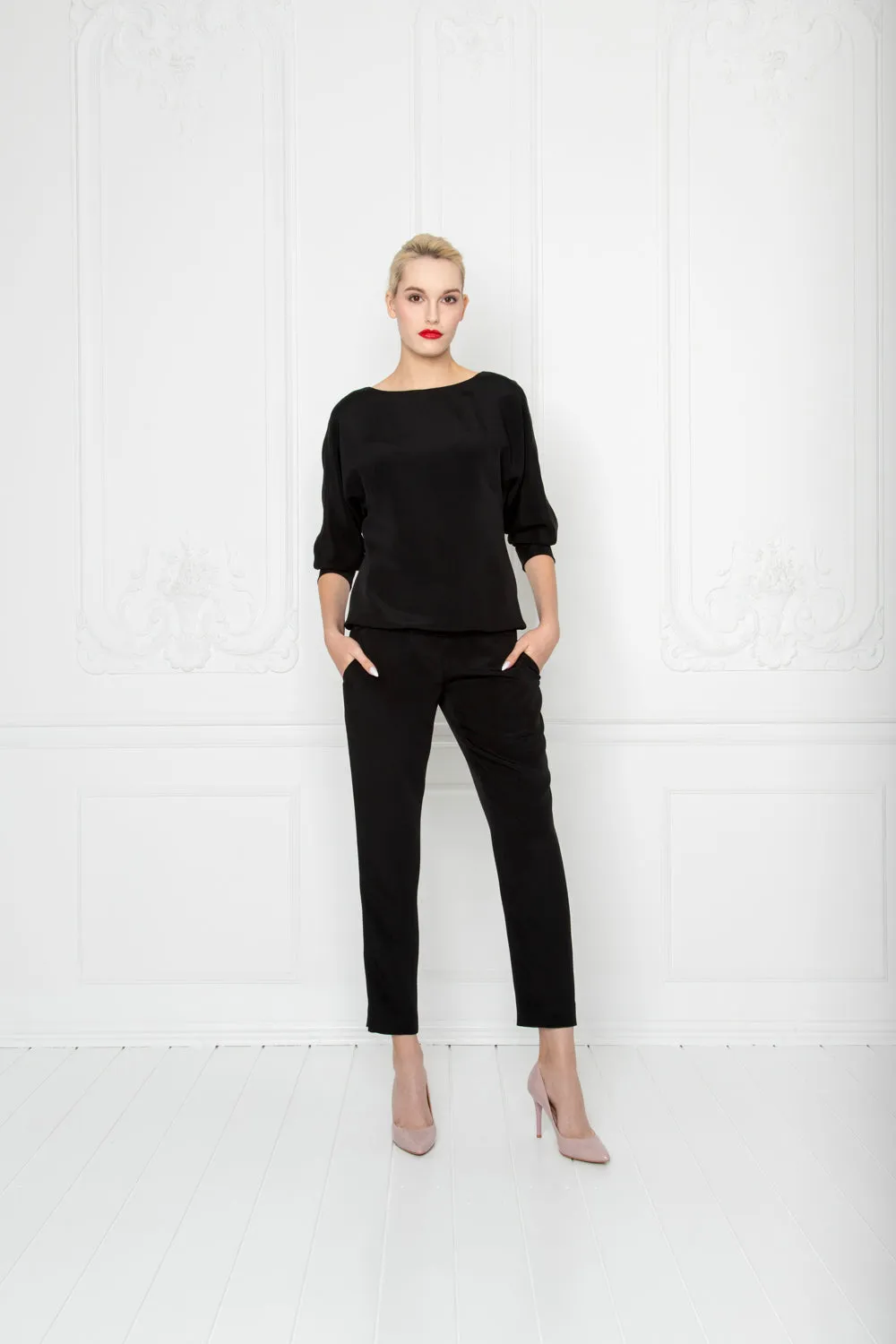 LITTORELLA BLACK SILK JUMPSUIT WITH AN OPEN BACK