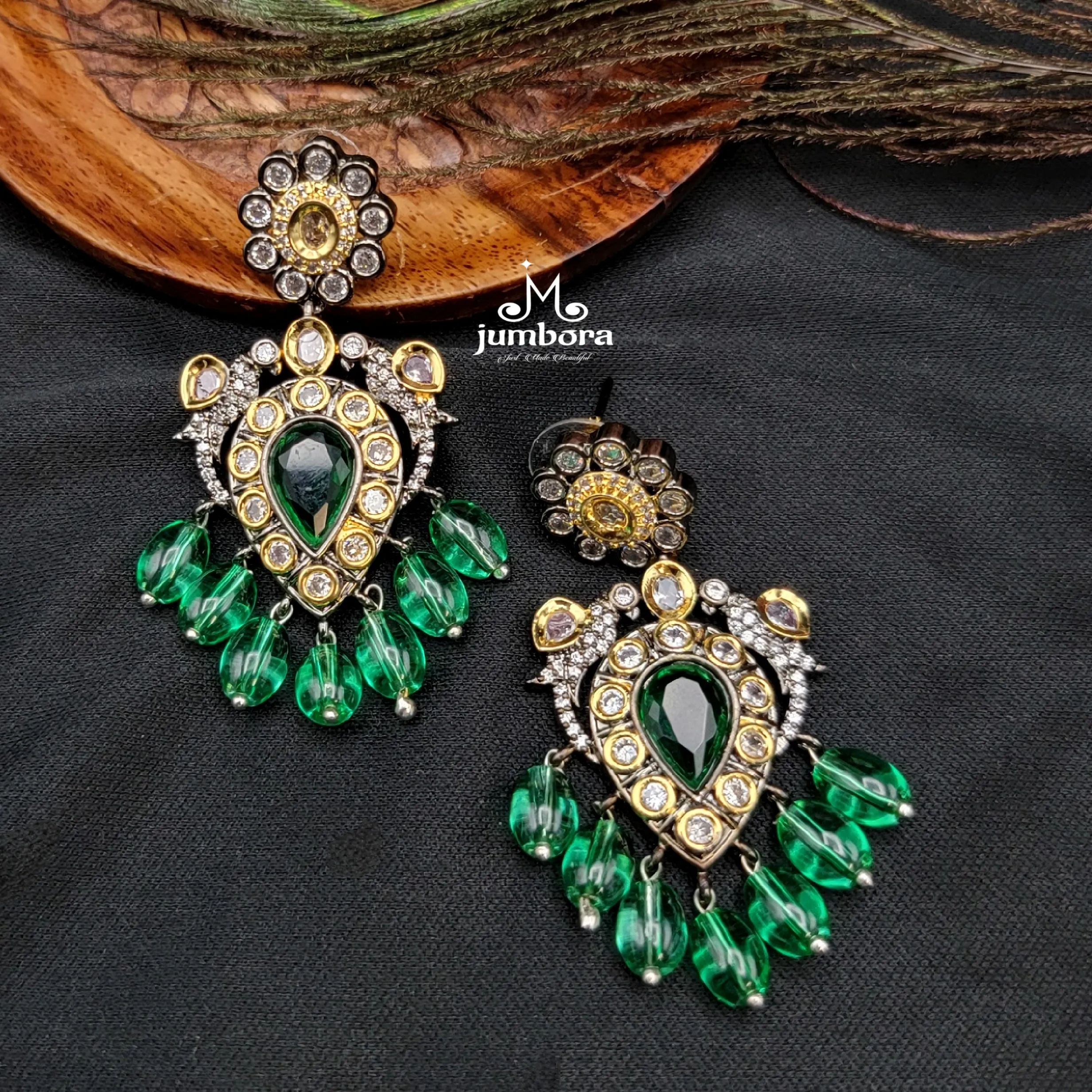 Long Moissanite & AD Zircon Victorian Parrot Pendant Green Monalisa Beads Necklace Set