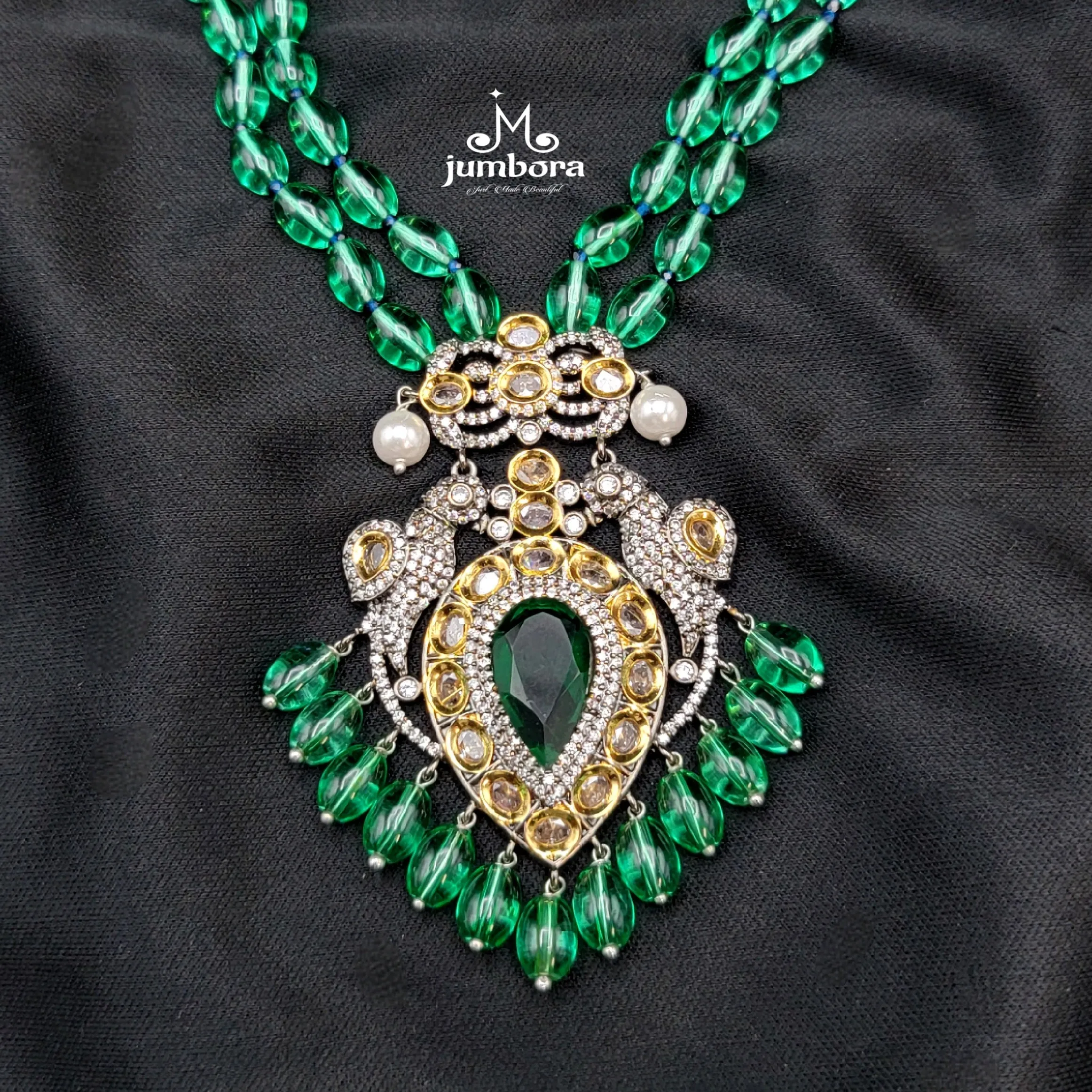 Long Moissanite & AD Zircon Victorian Parrot Pendant Green Monalisa Beads Necklace Set