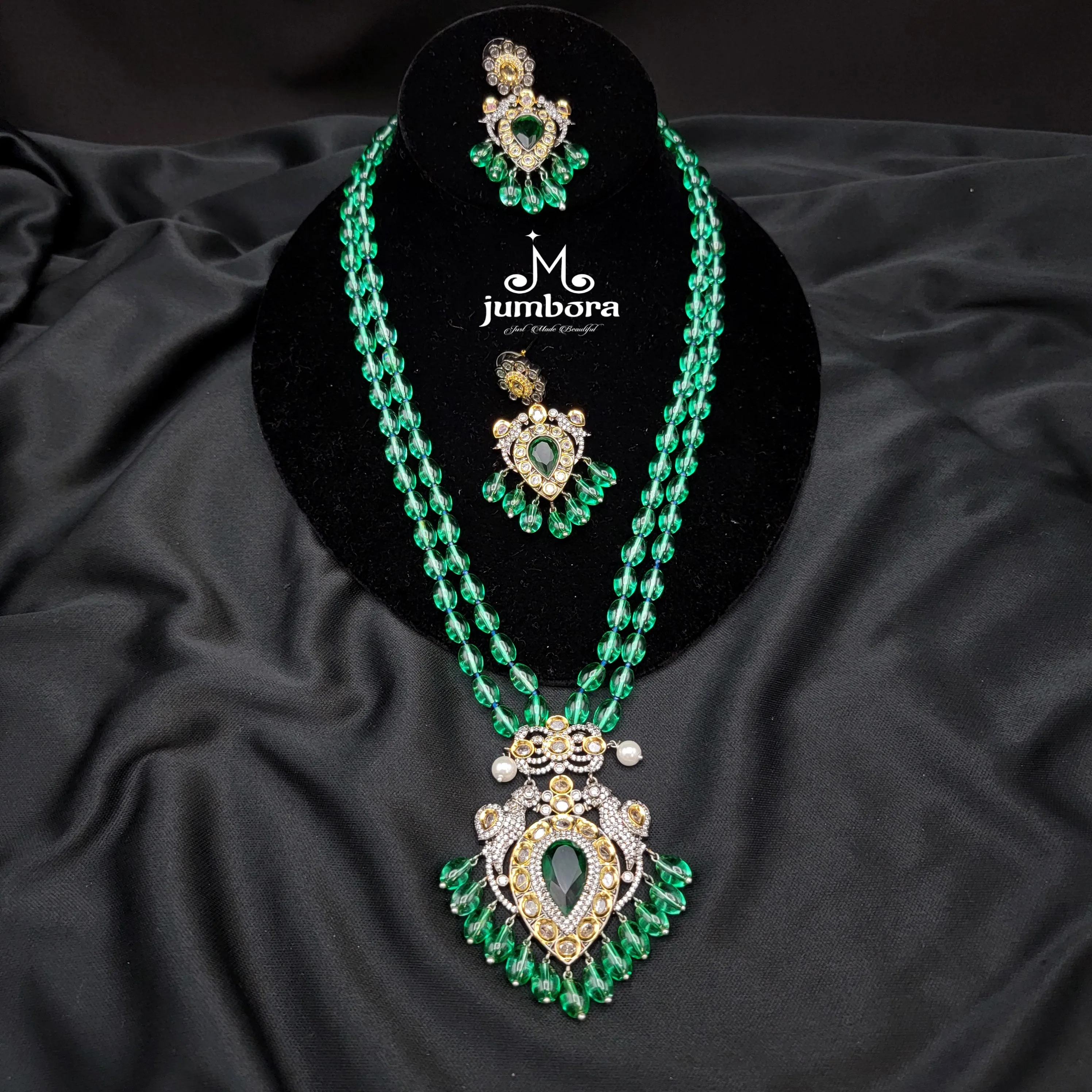 Long Moissanite & AD Zircon Victorian Parrot Pendant Green Monalisa Beads Necklace Set