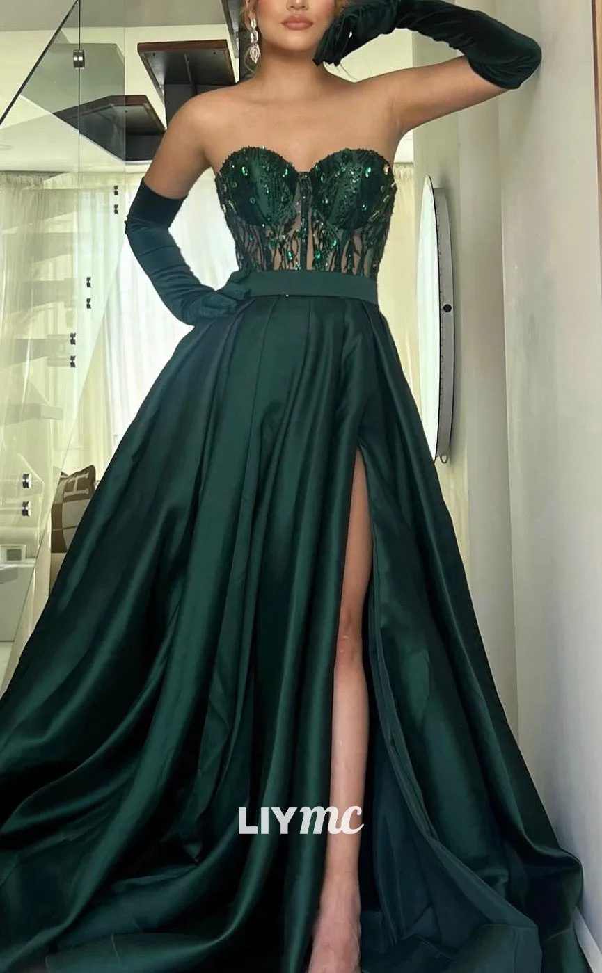 LP2170 - Sweetheart Sleeveless Appliques High Slit Pleated A-Line Prom Dress