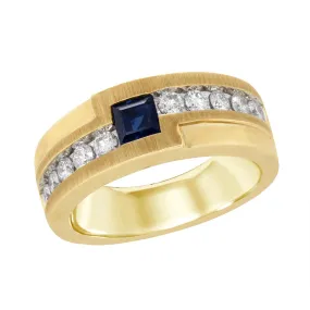 MEN'S YELLOW GOLD FASHION RING WITH SQUARE SAPPHIRE AND SIDE DIAMONDS, 5/8 CT TW