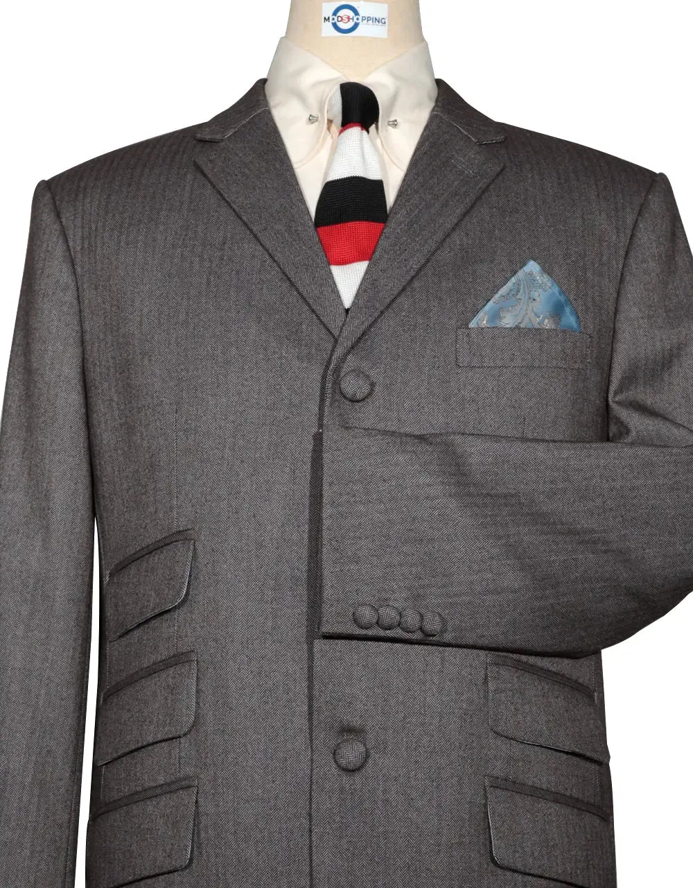 Mod Suit - Brown Grey Herringbone Tweed Suit 2-3 Pockets