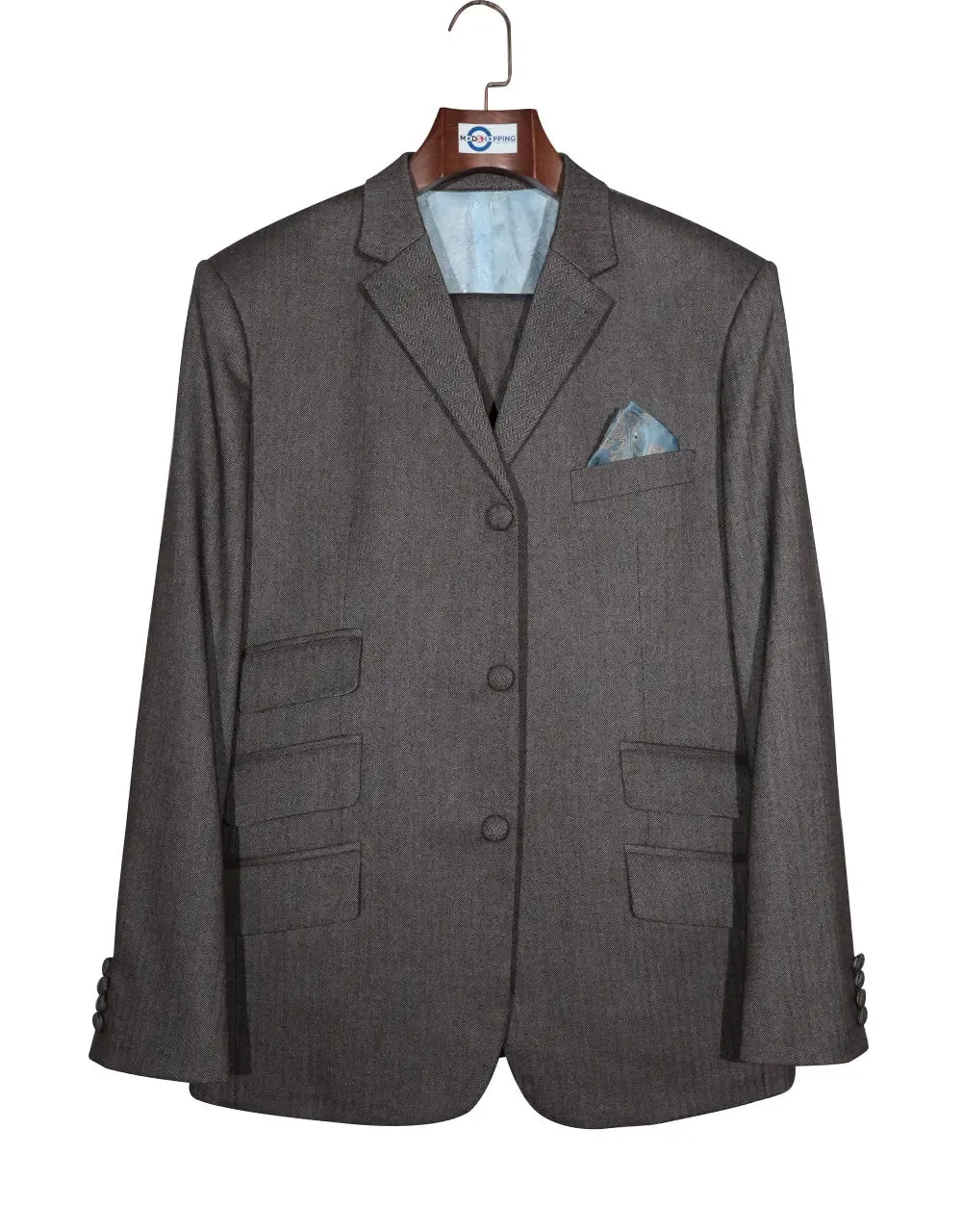 Mod Suit - Brown Grey Herringbone Tweed Suit 2-3 Pockets