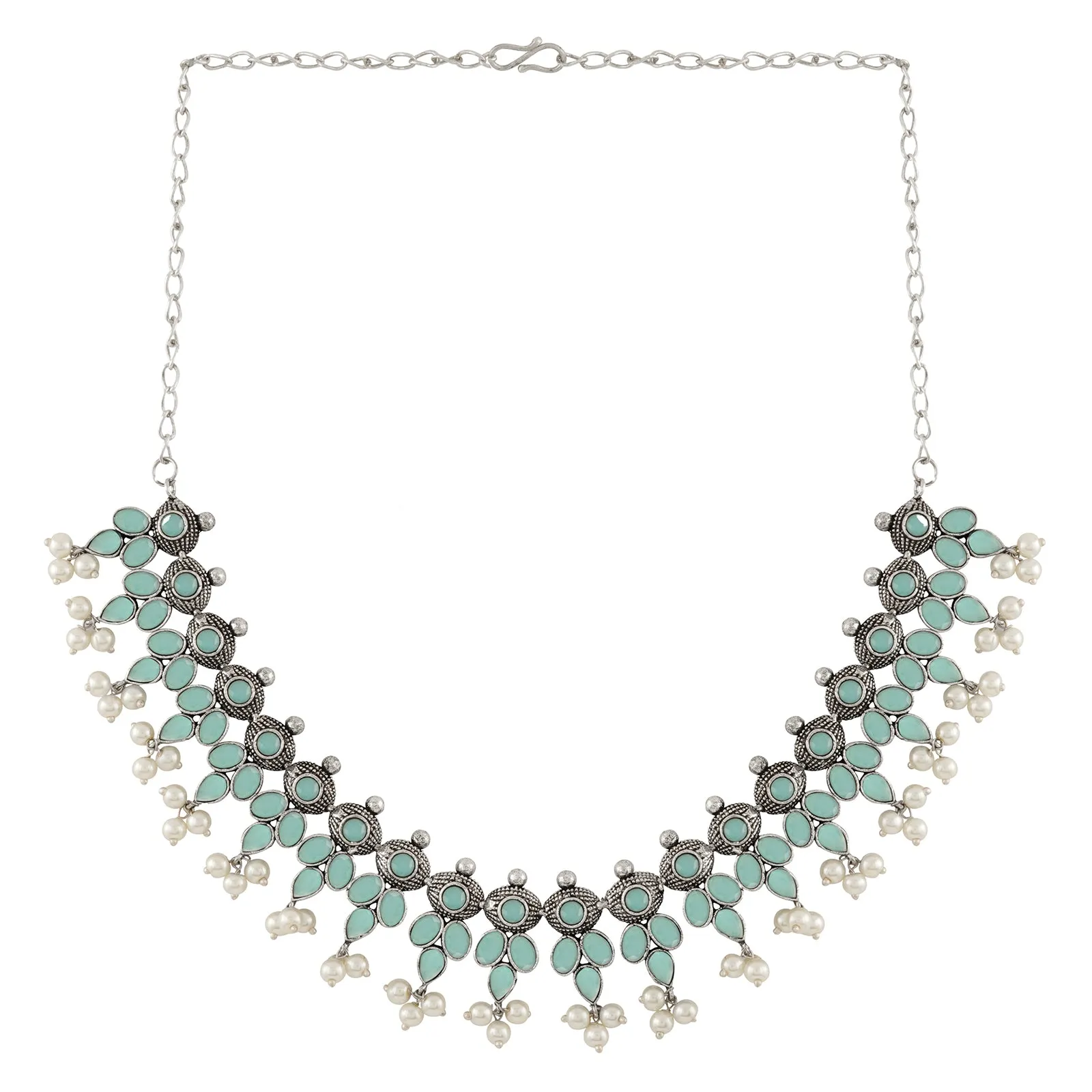 Nishan Silver Oxidised Turquoise Stone and Pearl Necklace Set