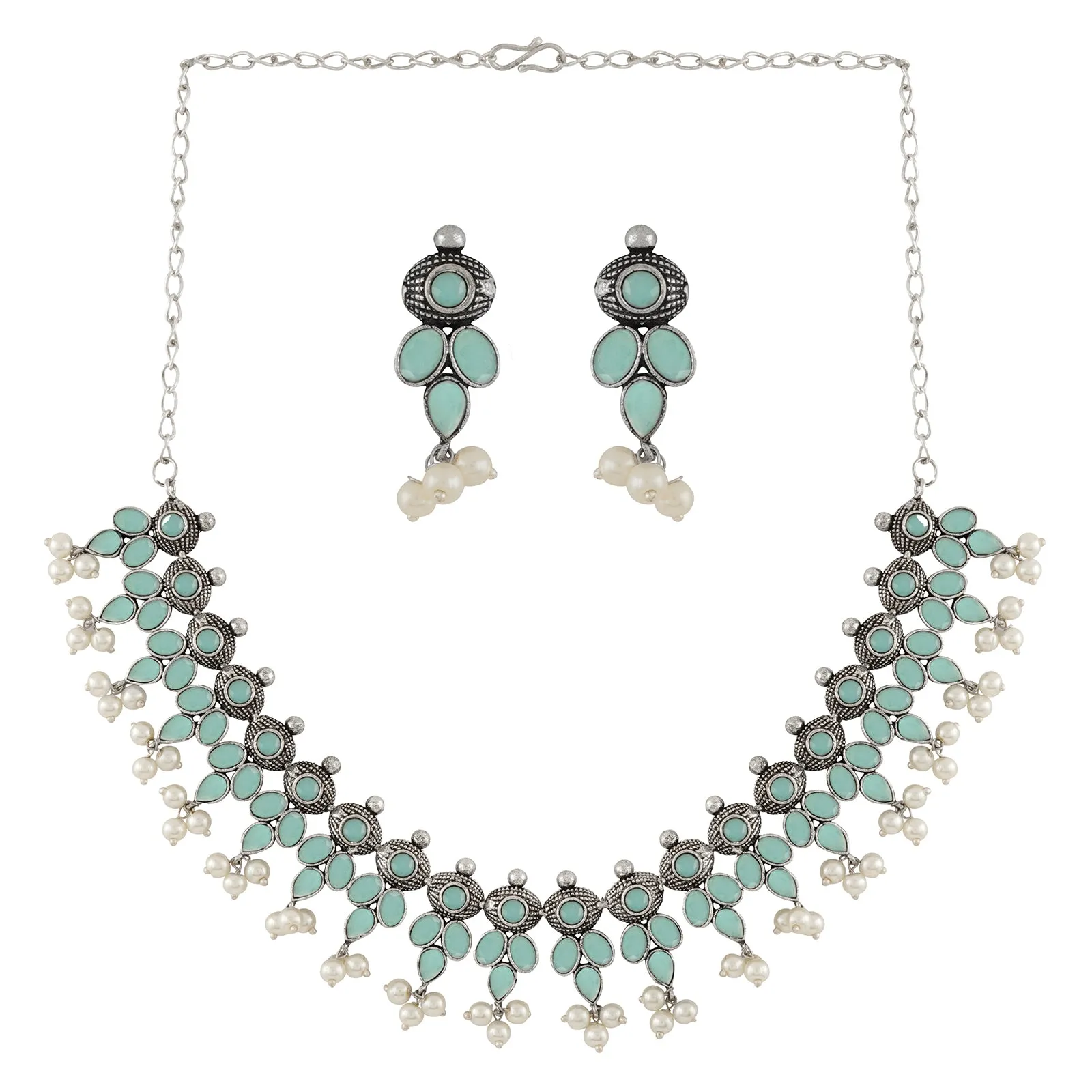 Nishan Silver Oxidised Turquoise Stone and Pearl Necklace Set