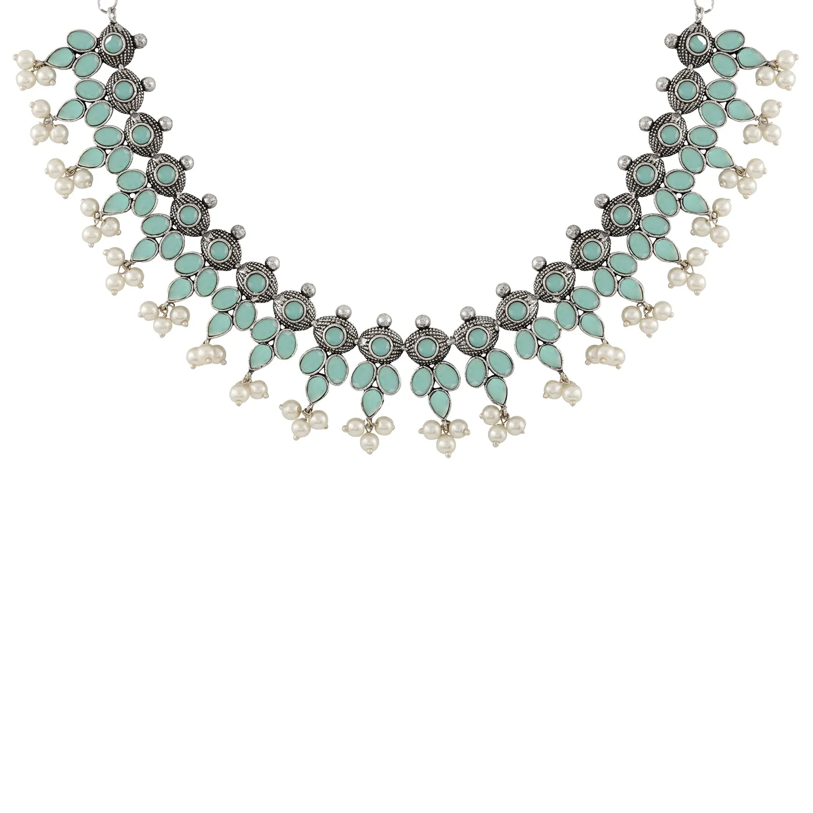 Nishan Silver Oxidised Turquoise Stone and Pearl Necklace Set