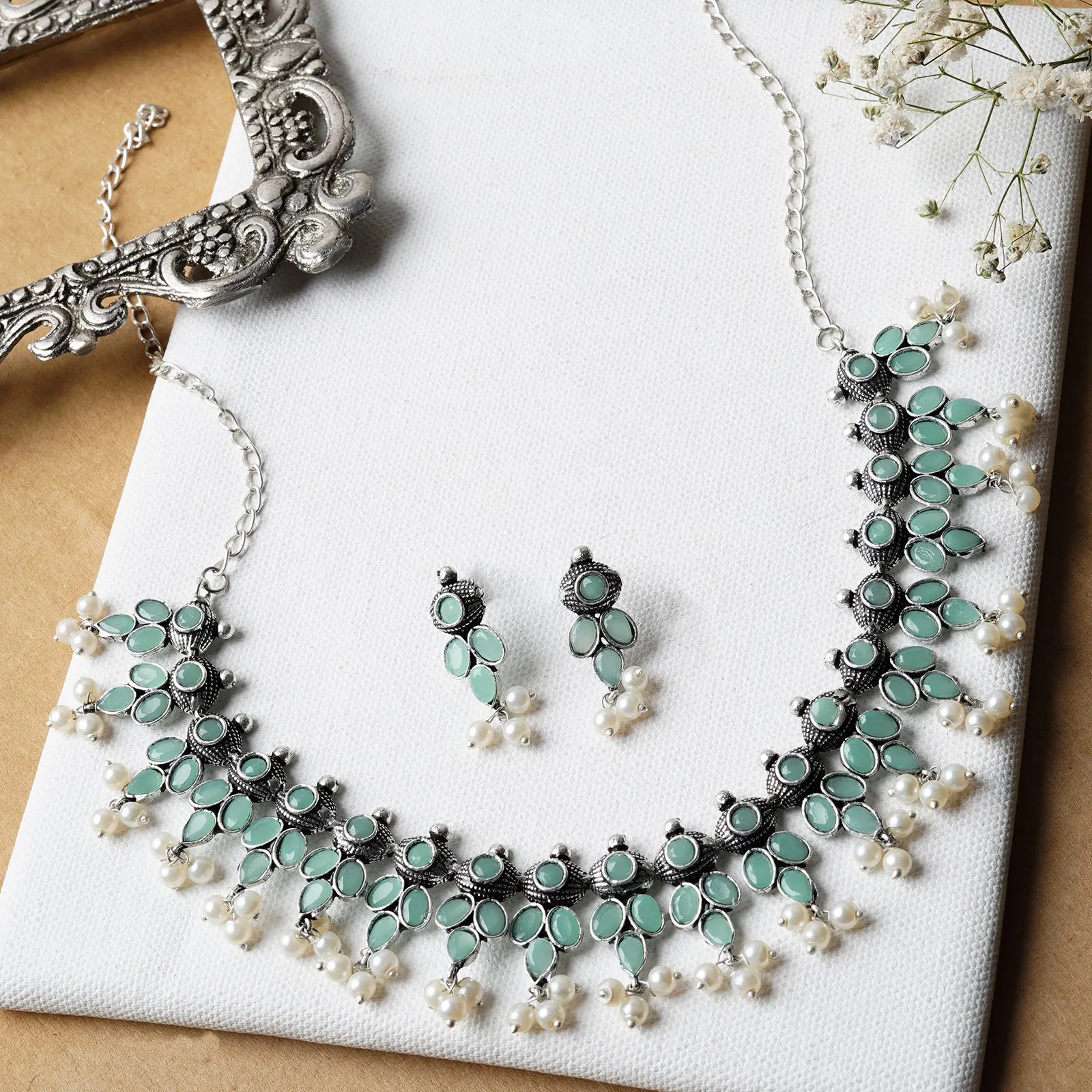 Nishan Silver Oxidised Turquoise Stone and Pearl Necklace Set