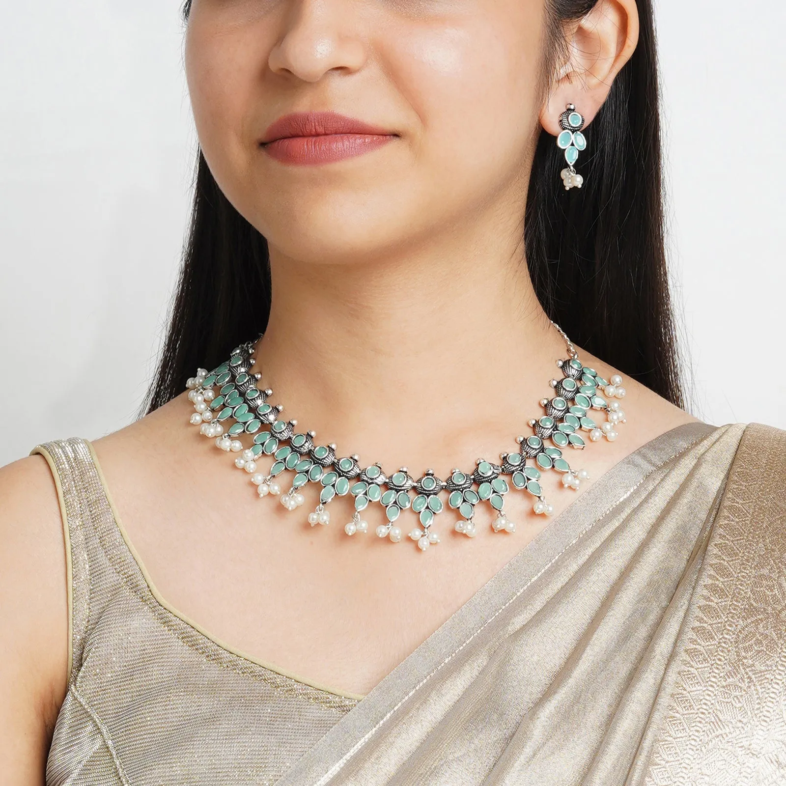 Nishan Silver Oxidised Turquoise Stone and Pearl Necklace Set