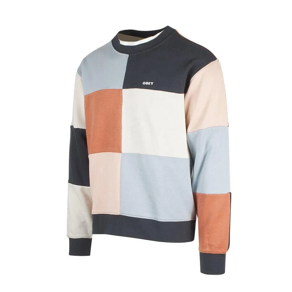 Obey Men's Navy Coral Peach Cream Patch Work Crew Neck L/S Sweater (S05B)