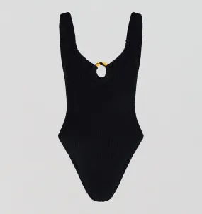 Plunge tortoise shell detail one piece swimsuit [Black Crinkle]