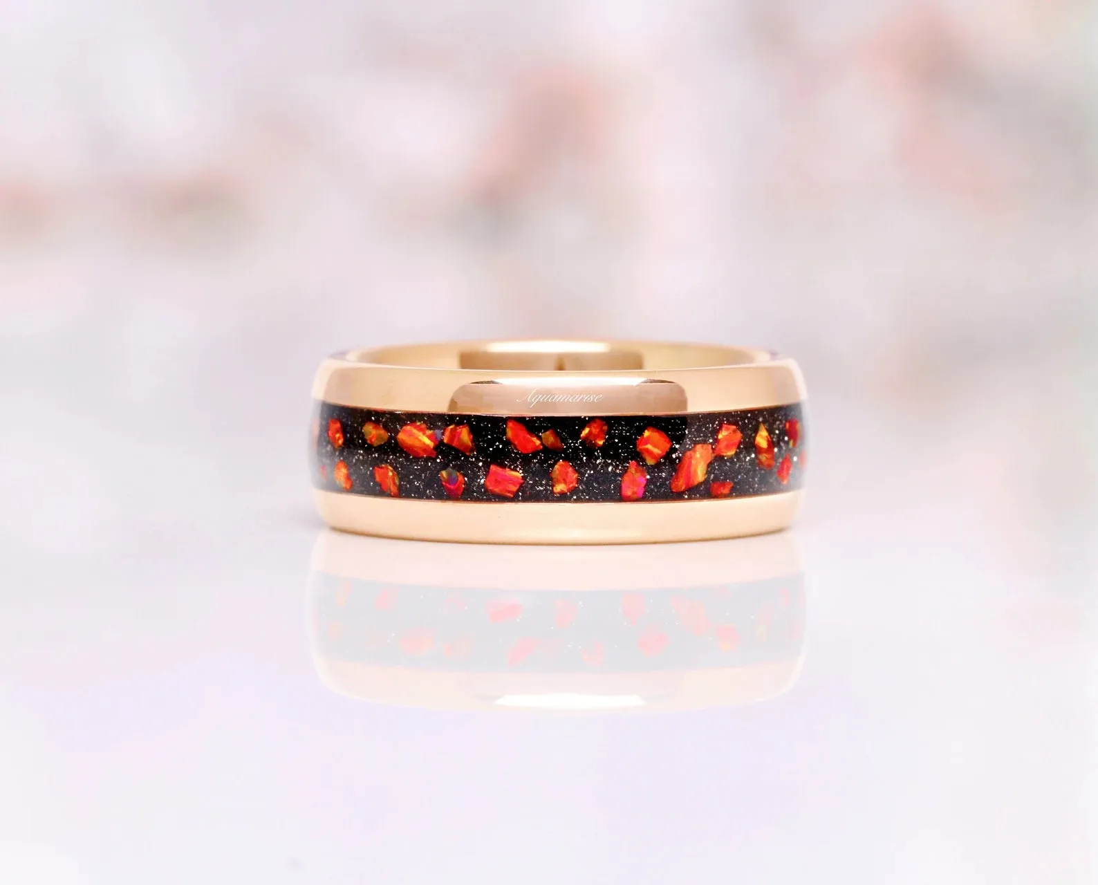 Red Fire Opal & Garnet & Galaxy Sandstone Couples Ring