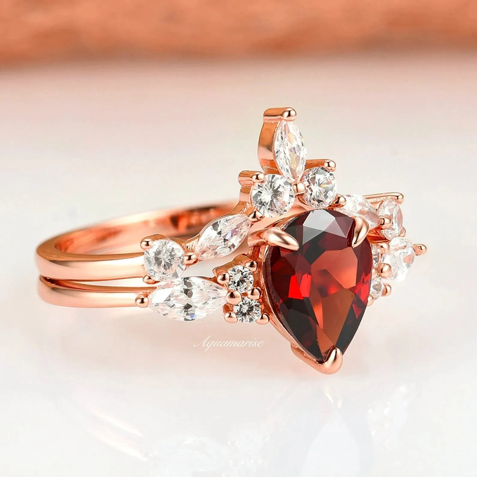 Red Fire Opal & Garnet & Galaxy Sandstone Couples Ring