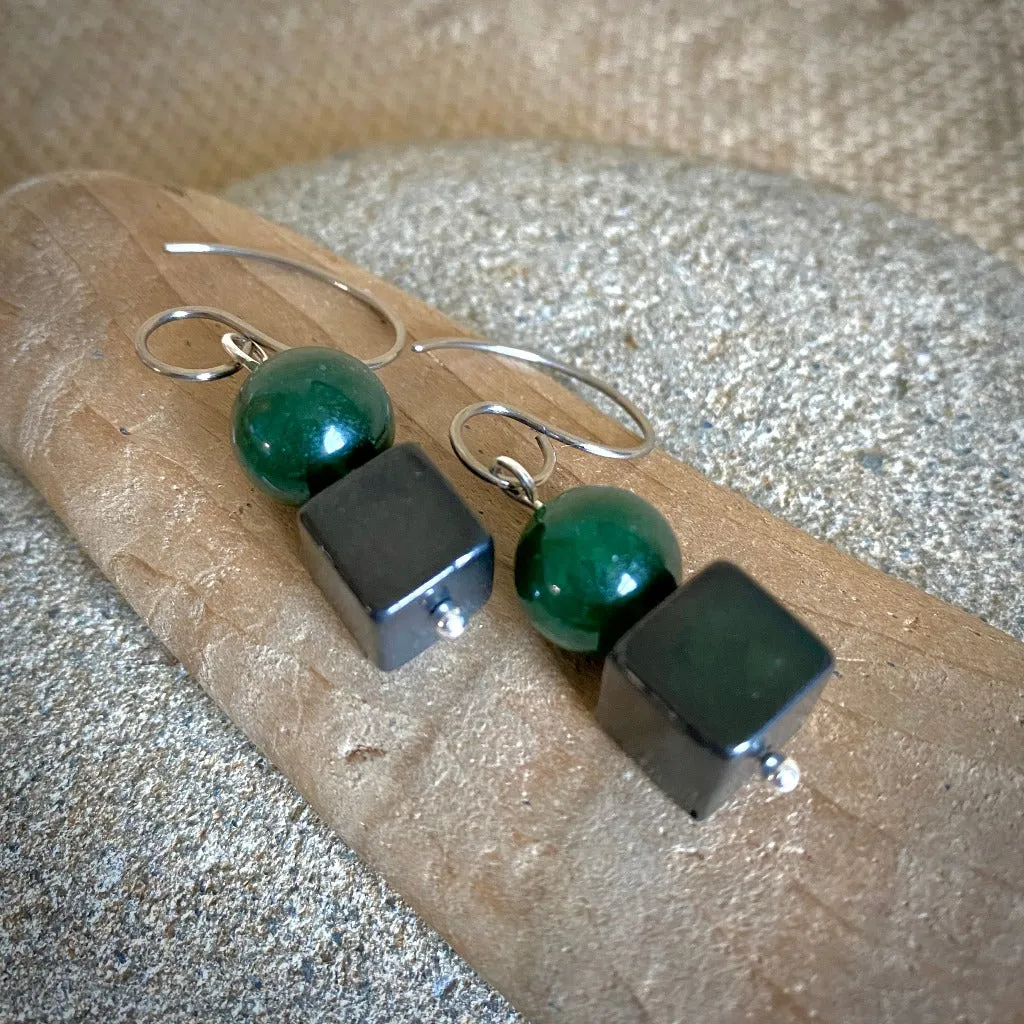 Shungite Earrings with Dark Green Aventurine, Therapy Grade Stones