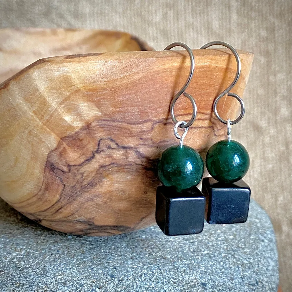 Shungite Earrings with Dark Green Aventurine, Therapy Grade Stones