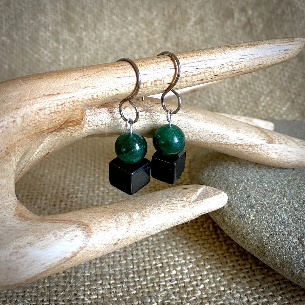 Shungite Earrings with Dark Green Aventurine, Therapy Grade Stones