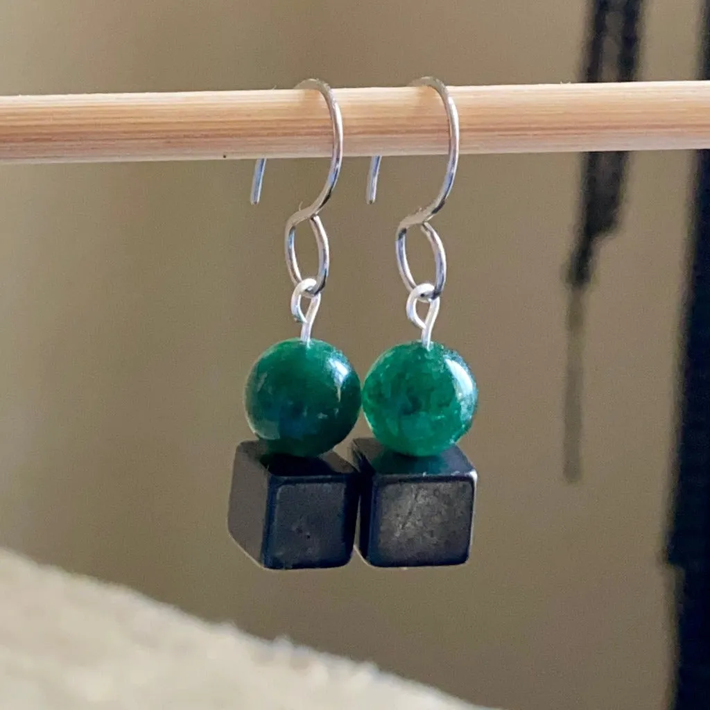 Shungite Earrings with Dark Green Aventurine, Therapy Grade Stones