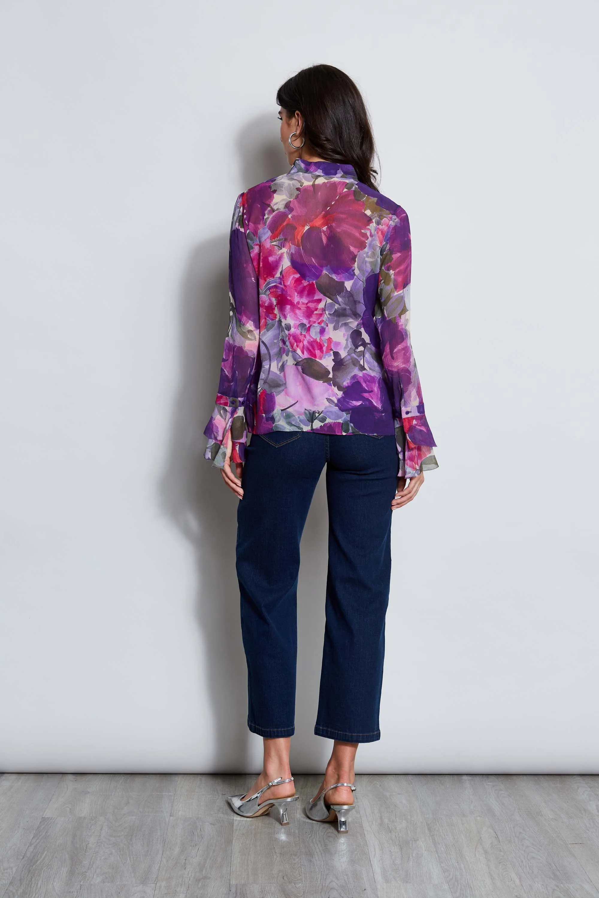 Silk Chiffon Tossed Floral Ruffle Shirt