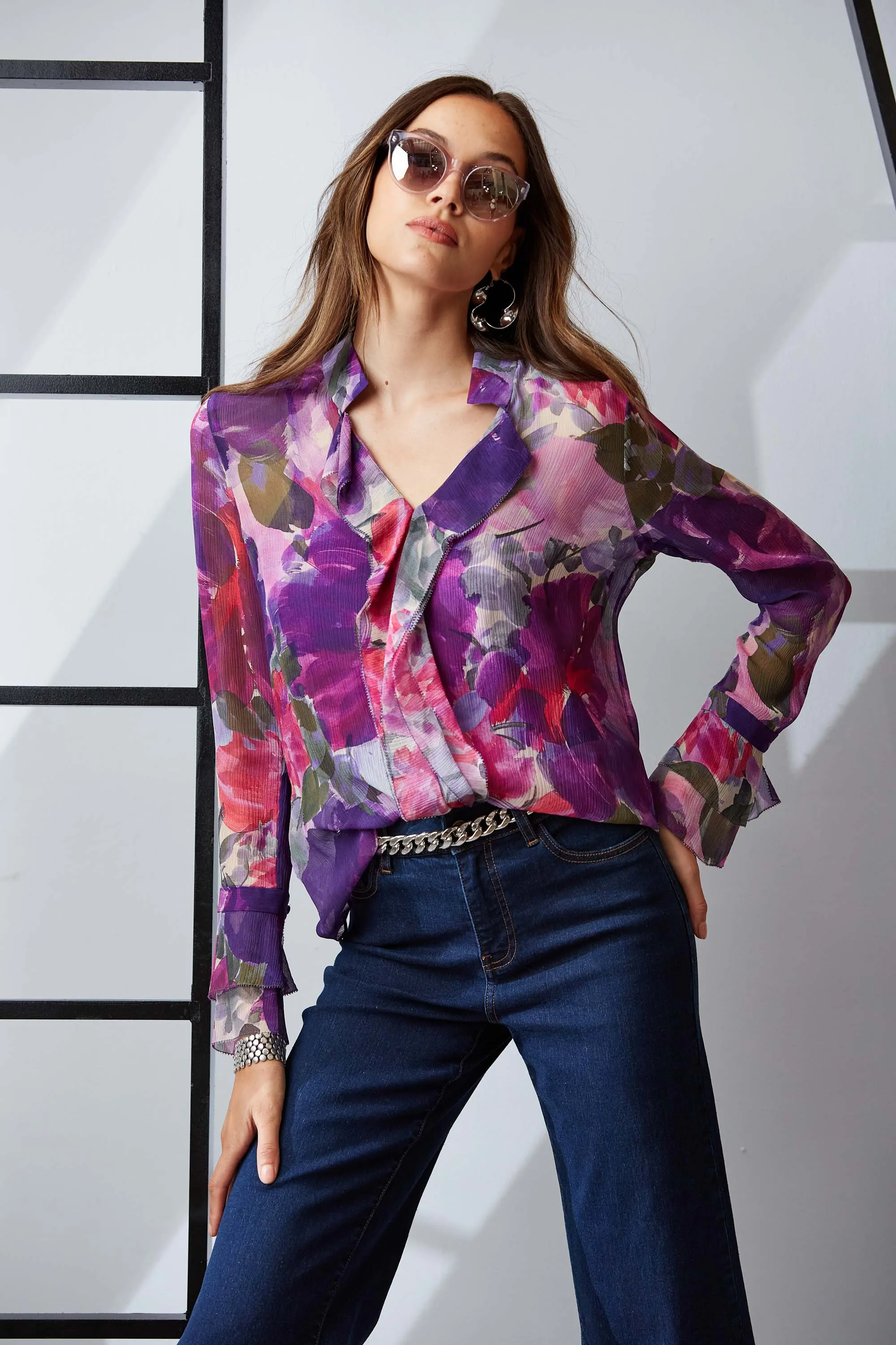 Silk Chiffon Tossed Floral Ruffle Shirt