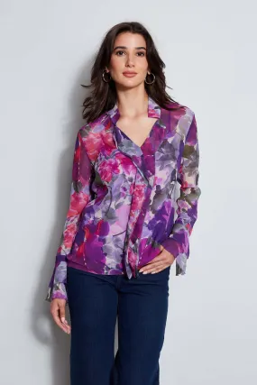 Silk Chiffon Tossed Floral Ruffle Shirt