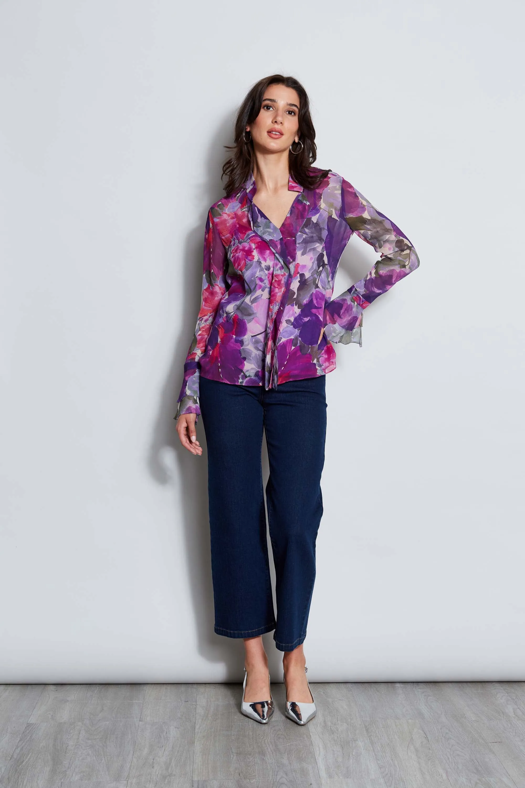 Silk Chiffon Tossed Floral Ruffle Shirt