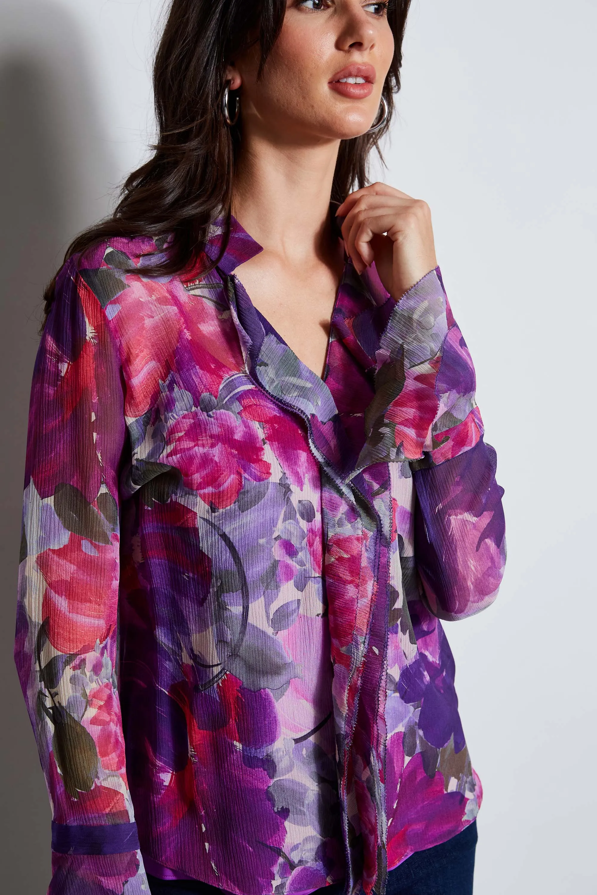 Silk Chiffon Tossed Floral Ruffle Shirt