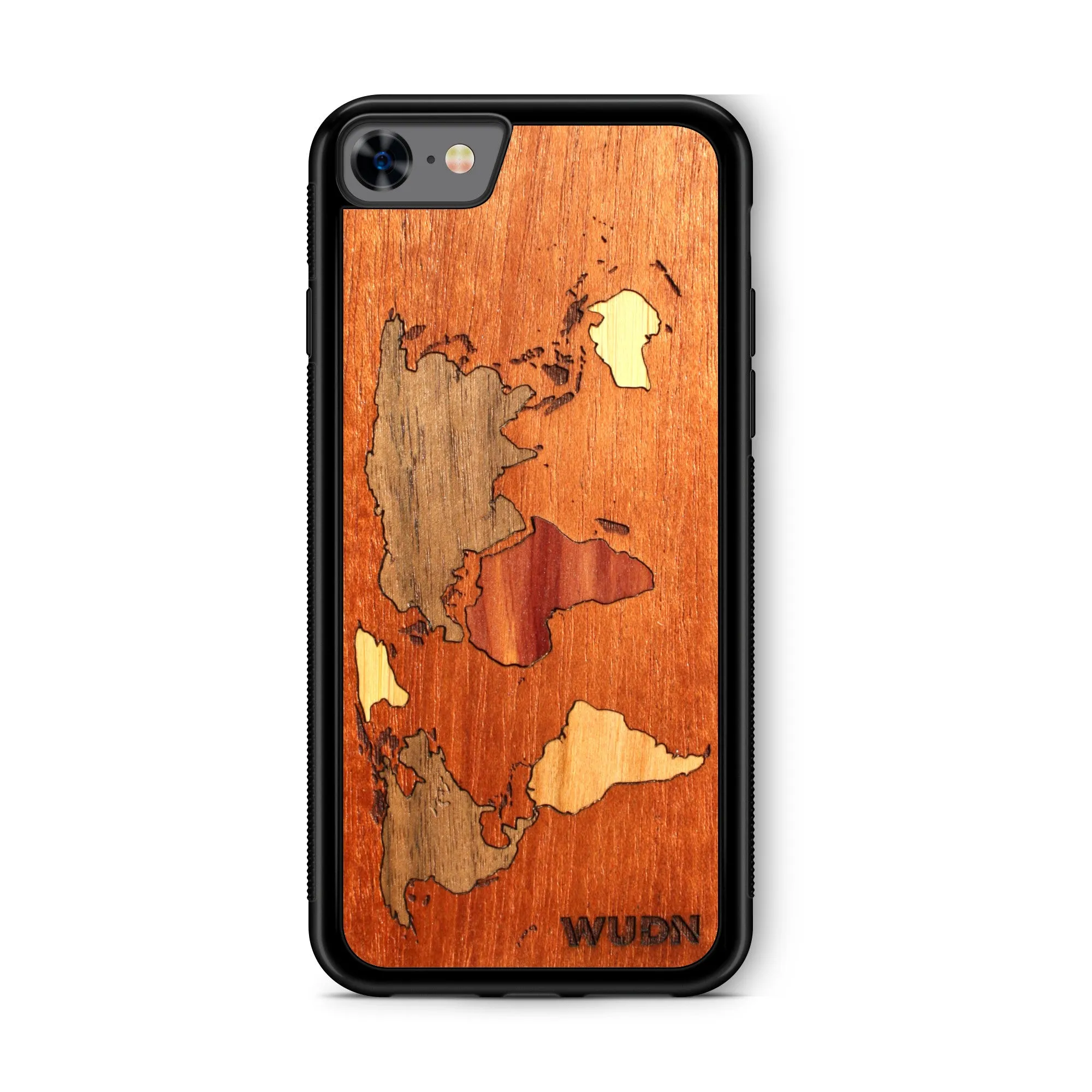 Slim Wooden Phone Case (Mahogany Inlay - World Map Traveler)