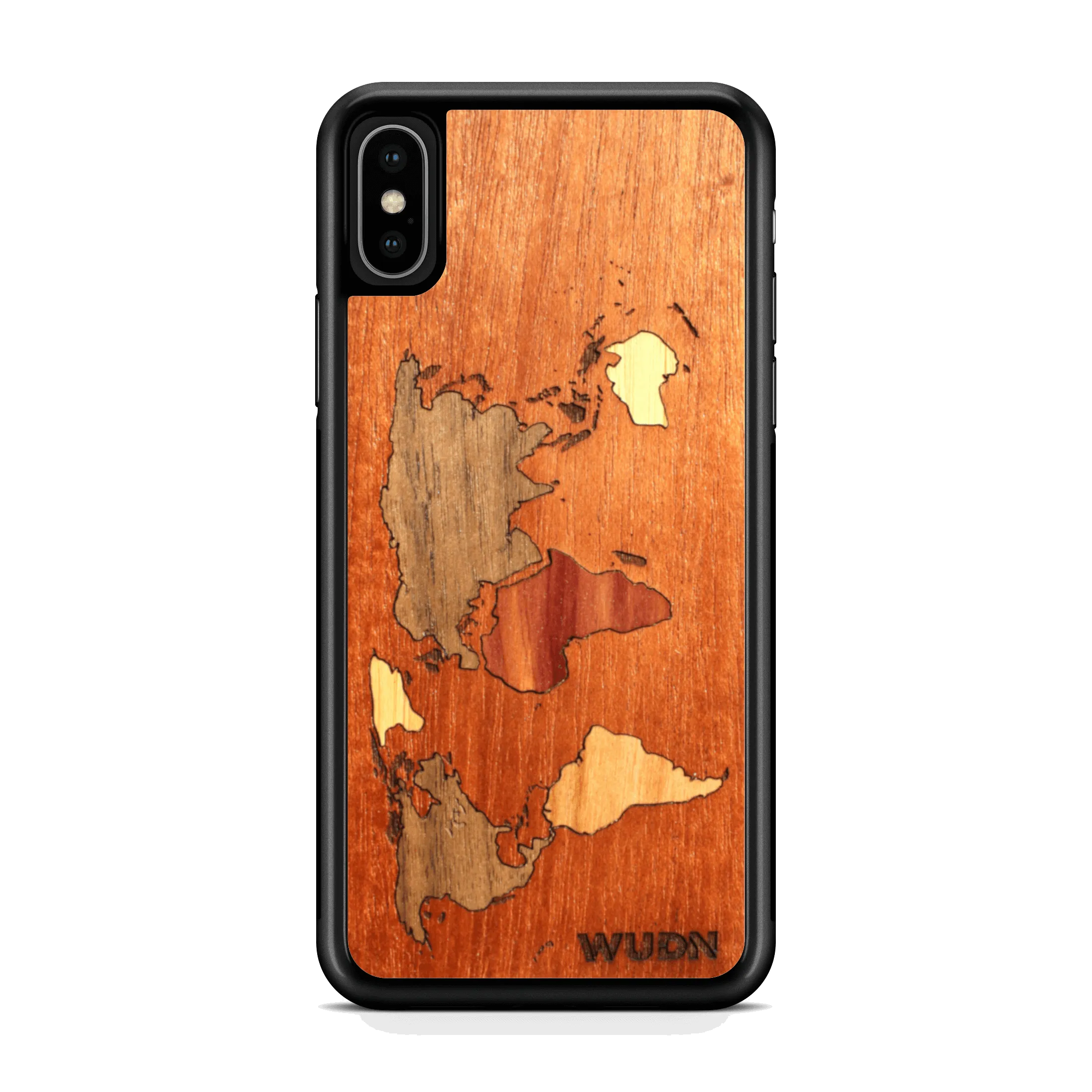 Slim Wooden Phone Case (Mahogany Inlay - World Map Traveler)