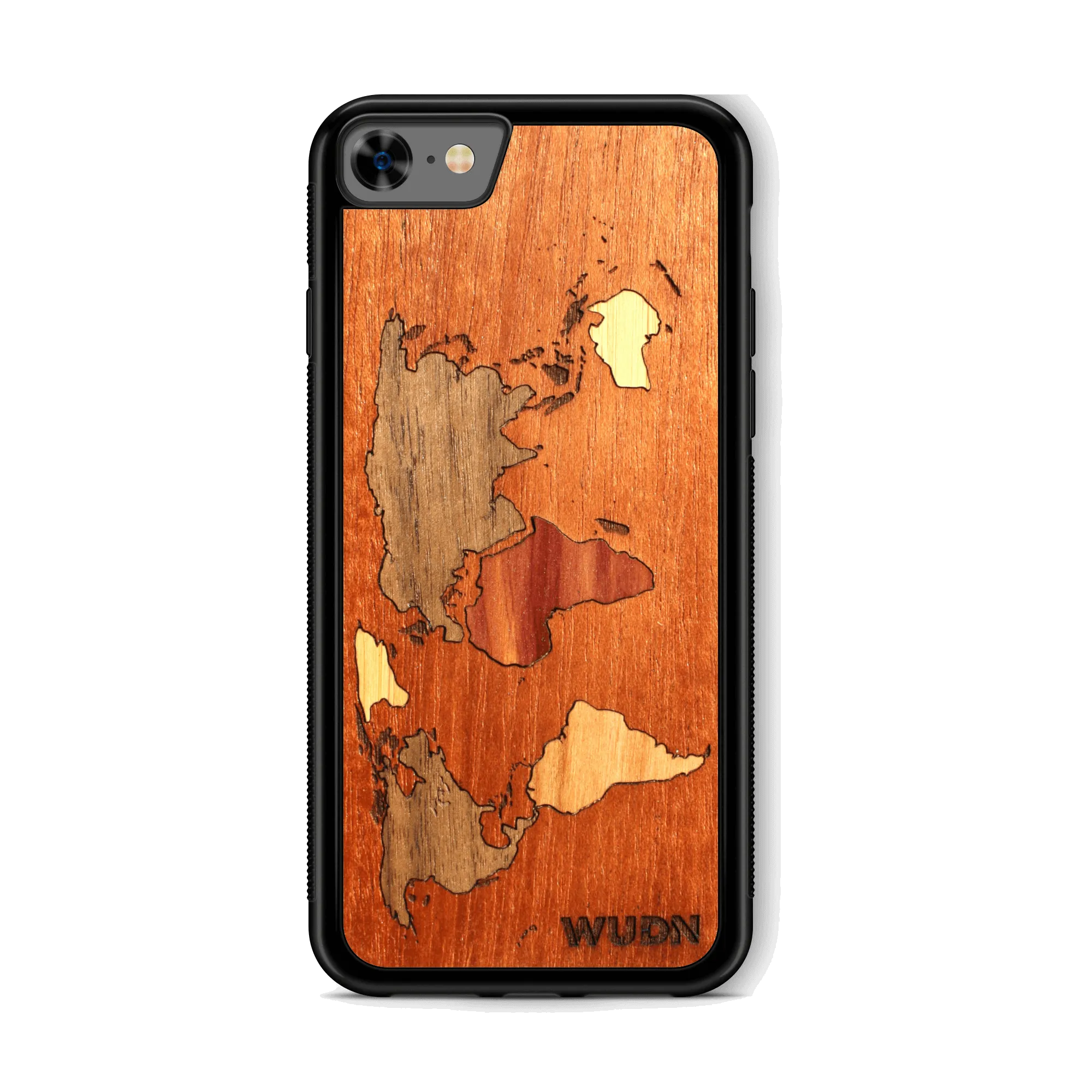 Slim Wooden Phone Case (Mahogany Inlay - World Map Traveler)