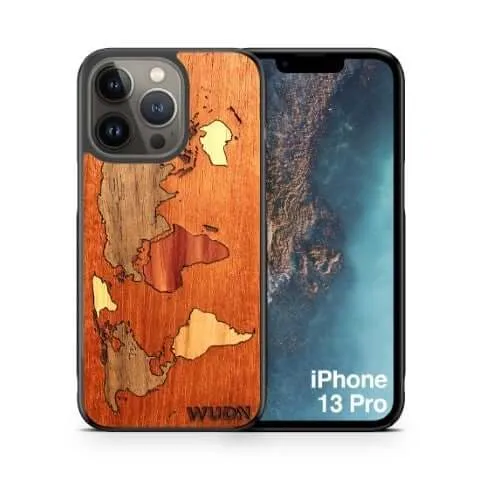 Slim Wooden Phone Case (Mahogany Inlay - World Map Traveler)