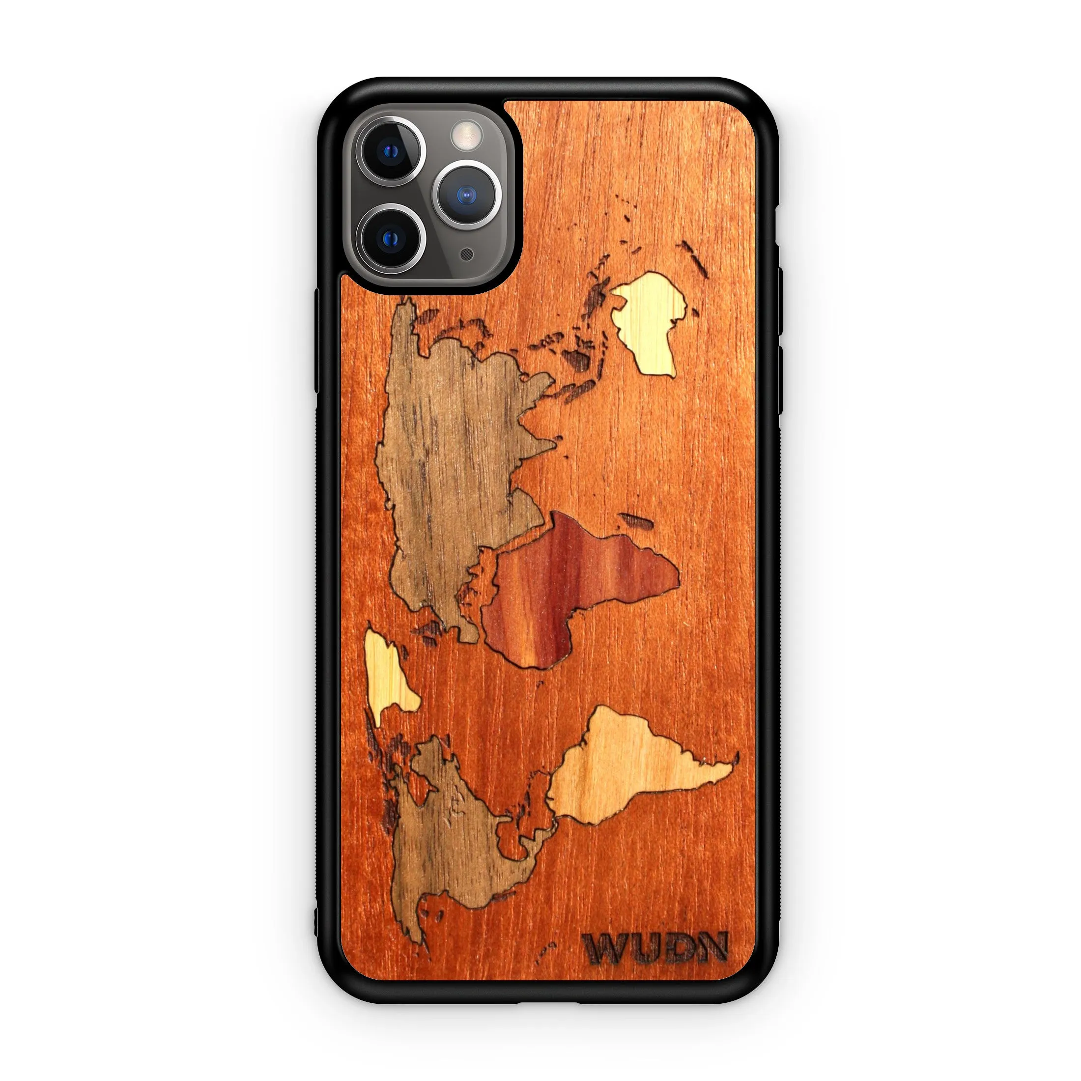 Slim Wooden Phone Case (Mahogany Inlay - World Map Traveler)