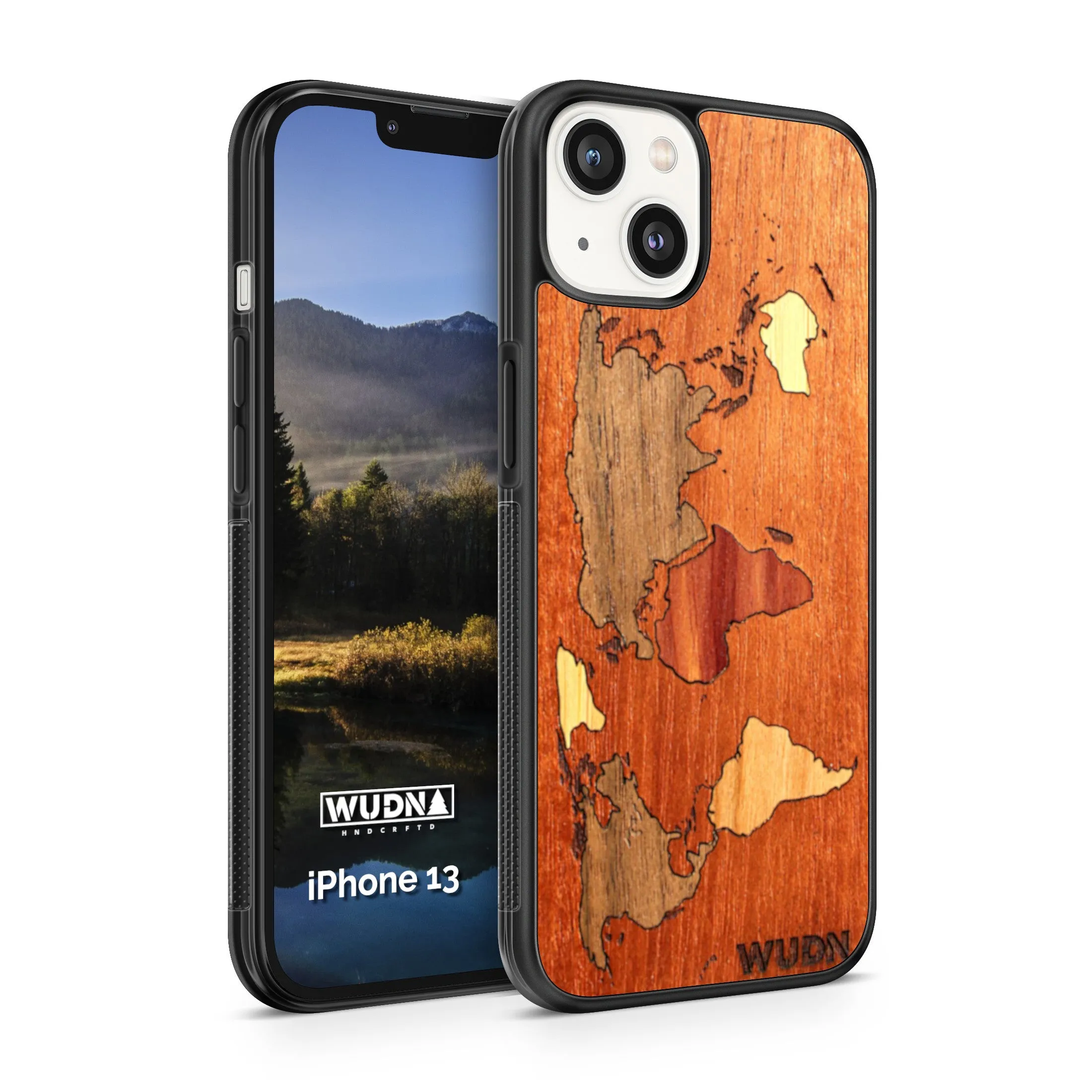 Slim Wooden Phone Case (Mahogany Inlay - World Map Traveler)