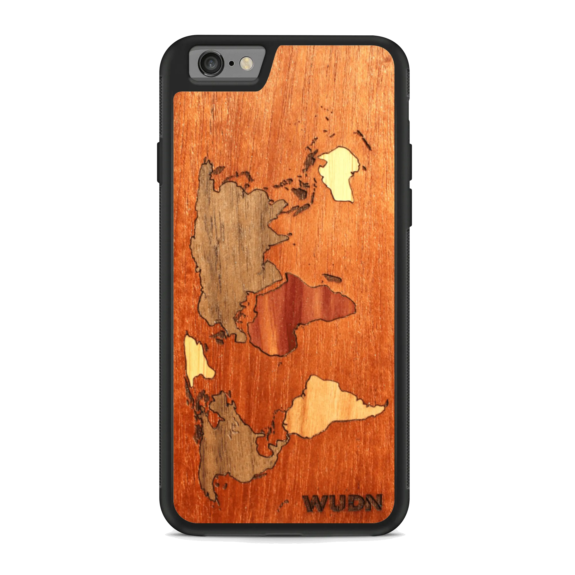 Slim Wooden Phone Case (Mahogany Inlay - World Map Traveler)