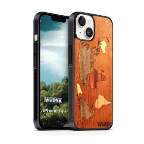 Slim Wooden Phone Case (Mahogany Inlay - World Map Traveler)