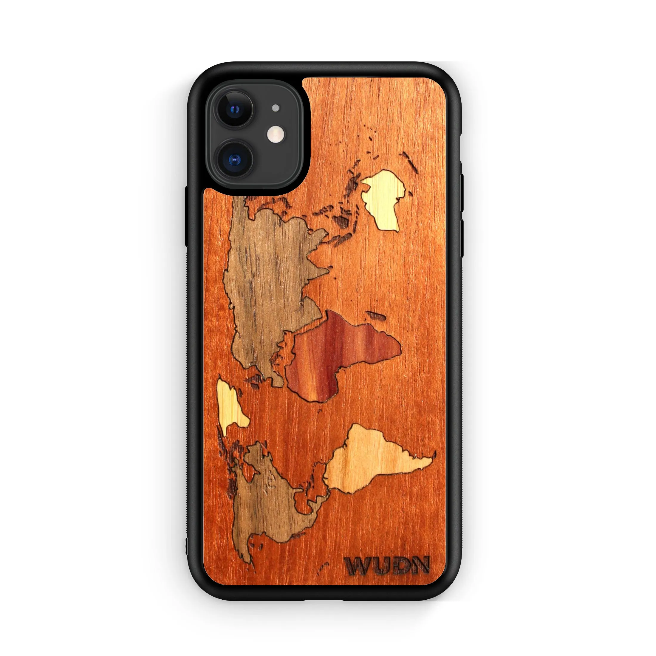 Slim Wooden Phone Case (Mahogany Inlay - World Map Traveler)