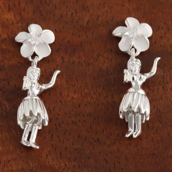 Sterling Silver 8mm Plumeria with CZ and Hula Dancer Post Earrings