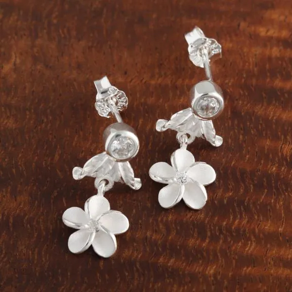 Sterling Silver CZ Leaf and Plumeria Post Earrings