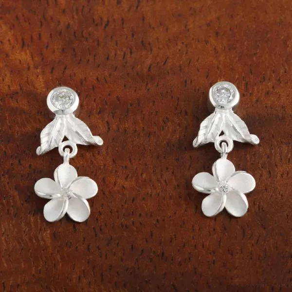 Sterling Silver CZ Leaf and Plumeria Post Earrings