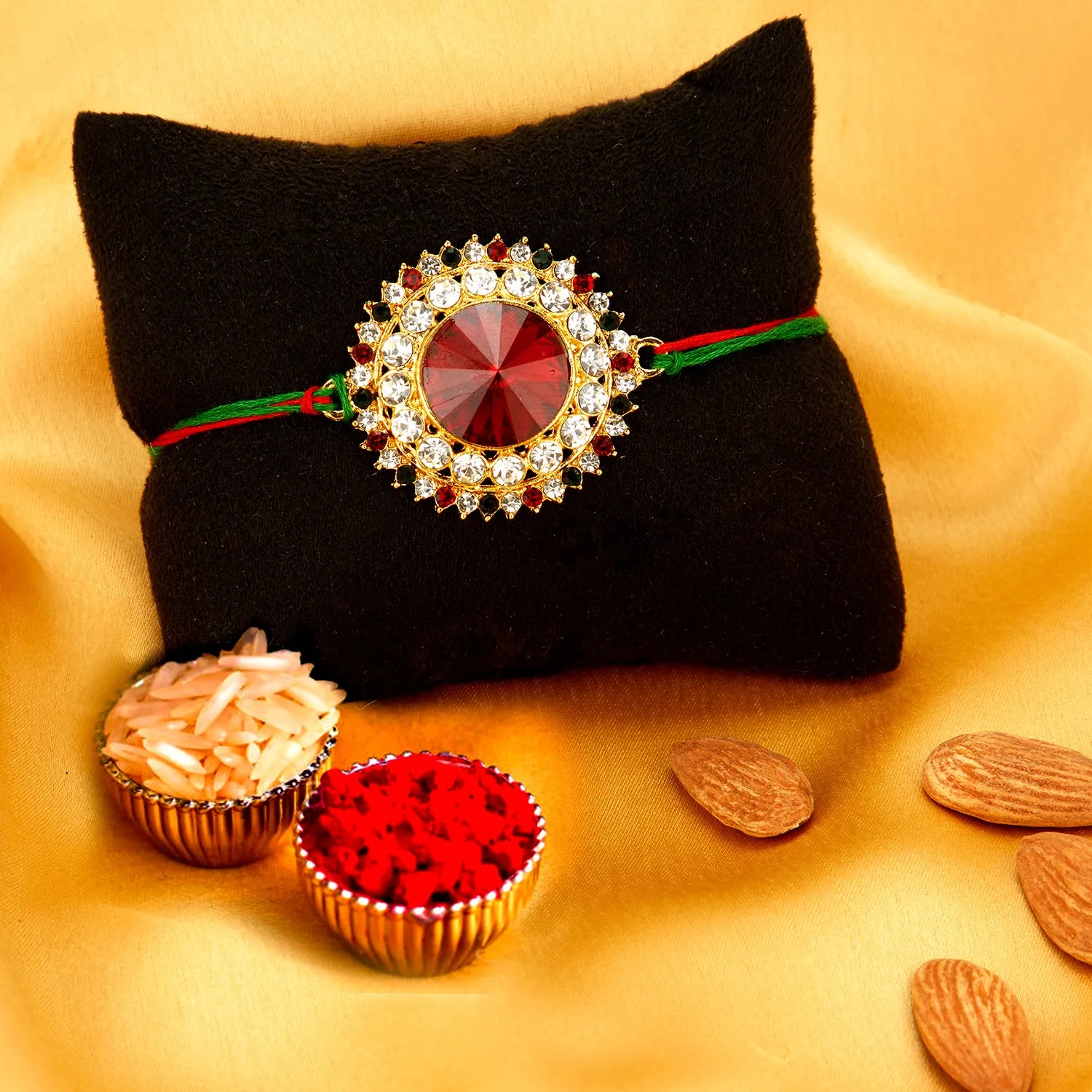 Sukkhi Adorable Gold Plated Rakhi with Roli Chawal and Raksha Bandhan Greeting Card for Men