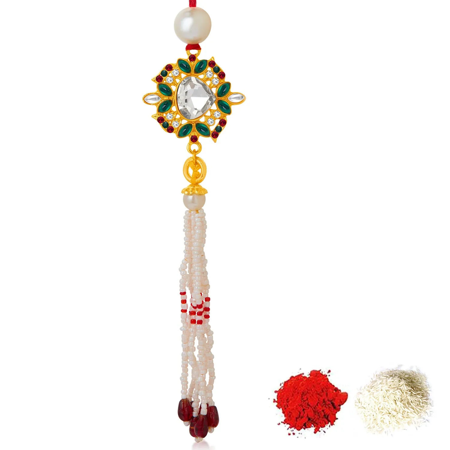 Sukkhi Amazing Gold Plated Bhaiya Bhabhi Rakhi Lumba Set with Roli Chawal and Raksha Bandhan Greeting Card