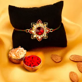 Sukkhi Amazing Gold Plated Bhaiya Bhabhi Rakhi Lumba Set with Roli Chawal and Raksha Bandhan Greeting Card