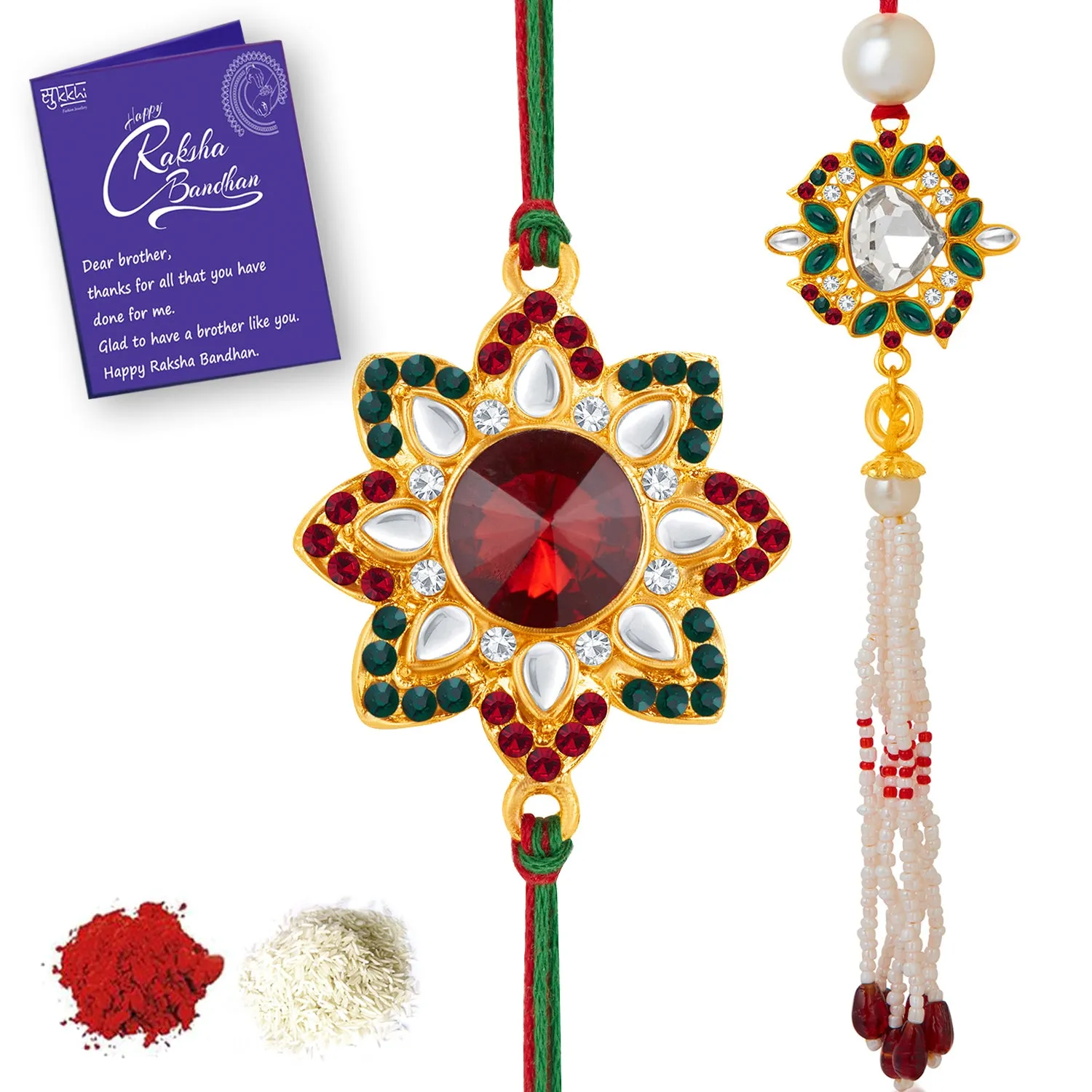 Sukkhi Amazing Gold Plated Bhaiya Bhabhi Rakhi Lumba Set with Roli Chawal and Raksha Bandhan Greeting Card