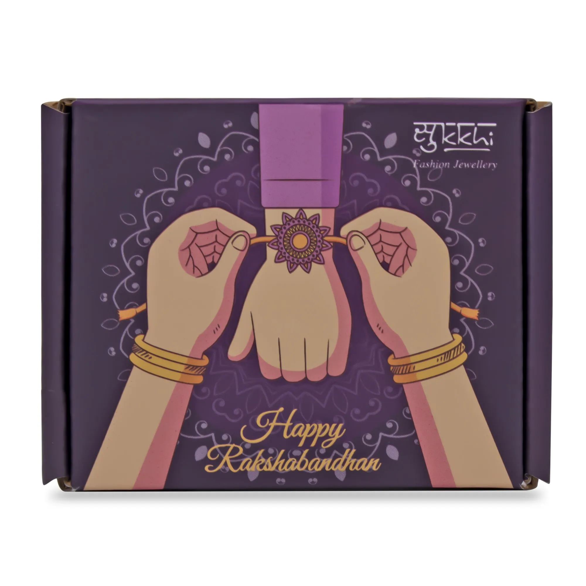 Sukkhi Amazing Gold Plated Bhaiya Bhabhi Rakhi Lumba Set with Roli Chawal and Raksha Bandhan Greeting Card