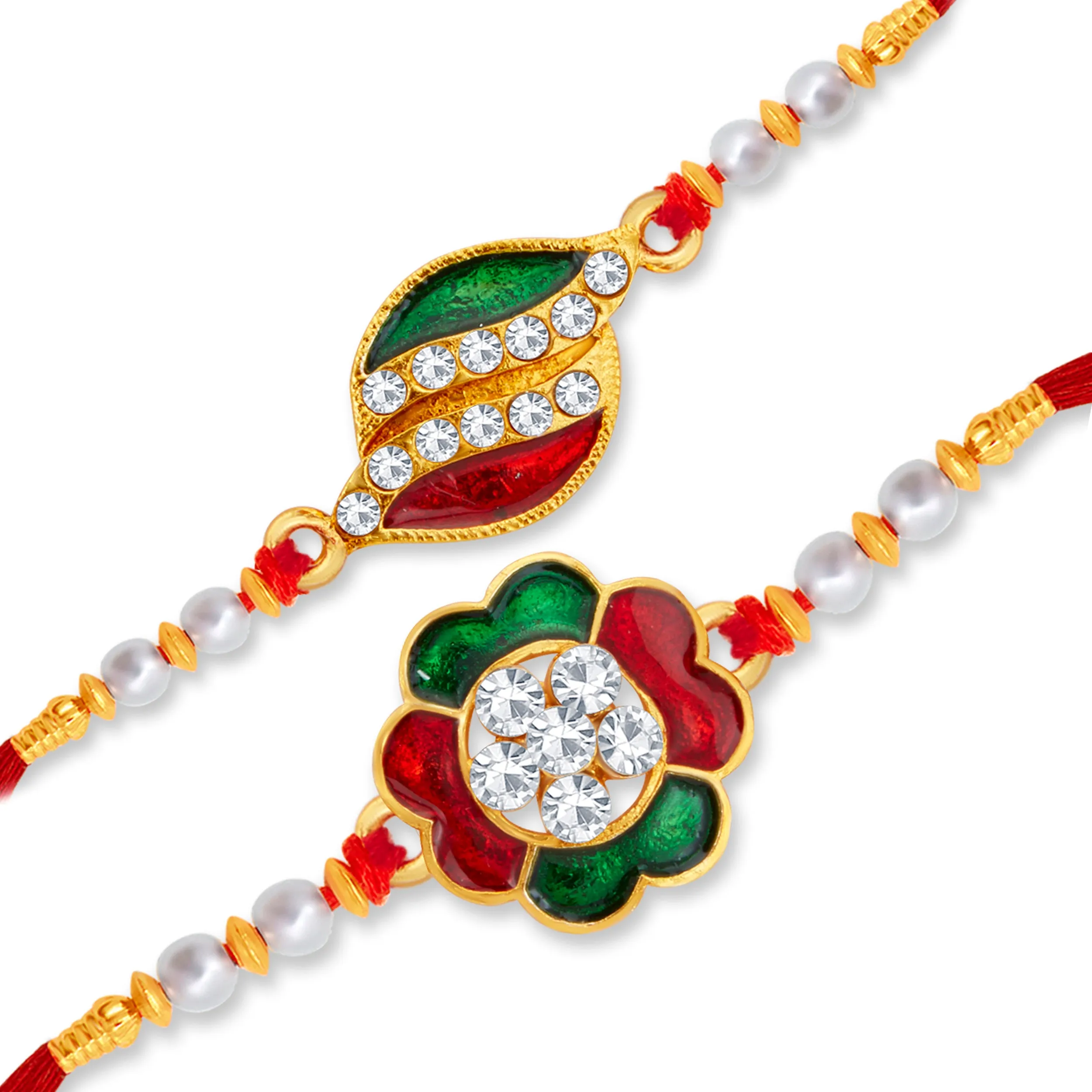 Sukkhi Amazing Gold Plated Floral Meenakari Rakhi Combo (Set of 2) with Roli Chawal and Raksha Bandhan Greeting Card For Men