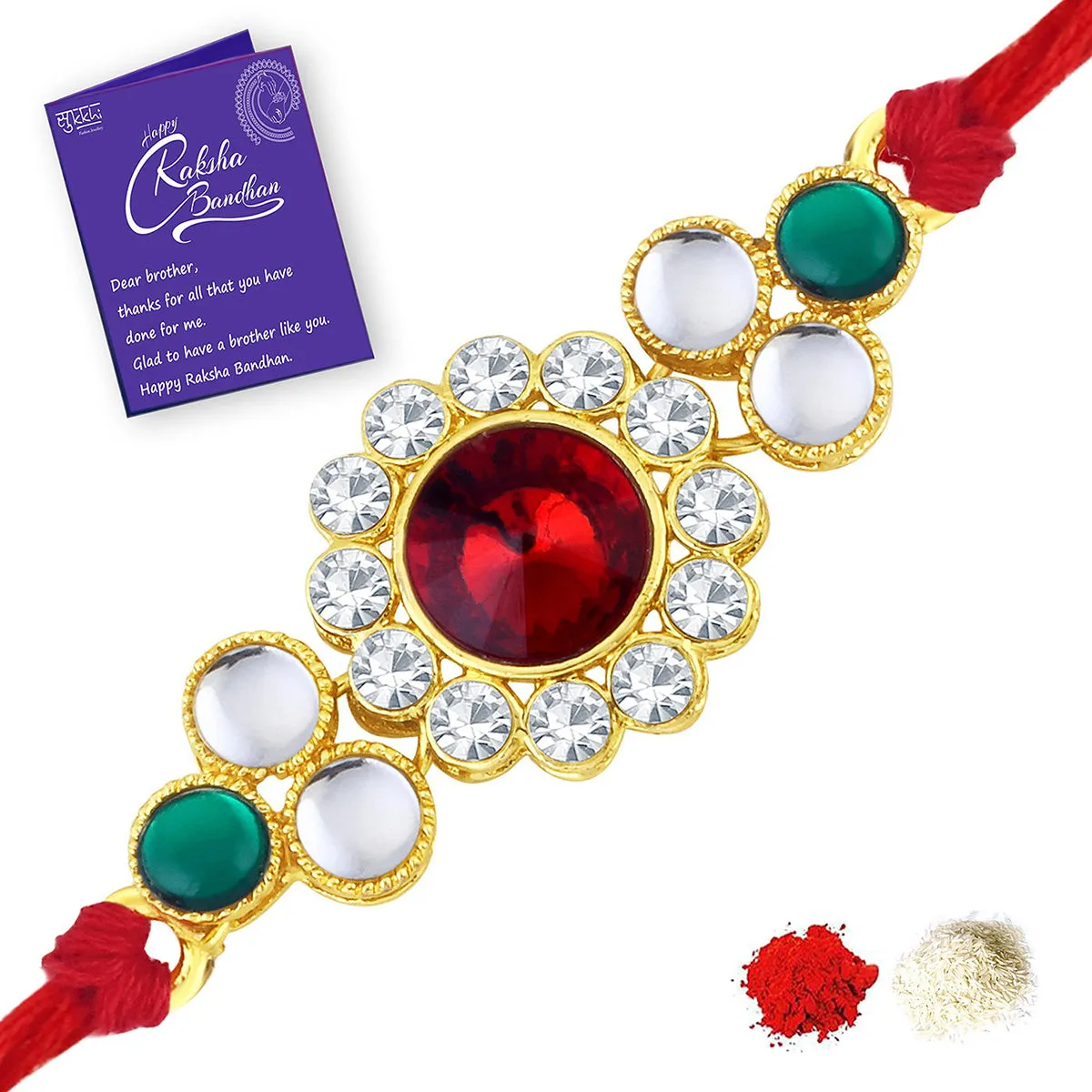 Sukkhi Beguiling Gold Plated Kundan Rakhi Combo (Set of 2 ) with Roli Chawal and Raksha Bandhan Greeting Card For Men